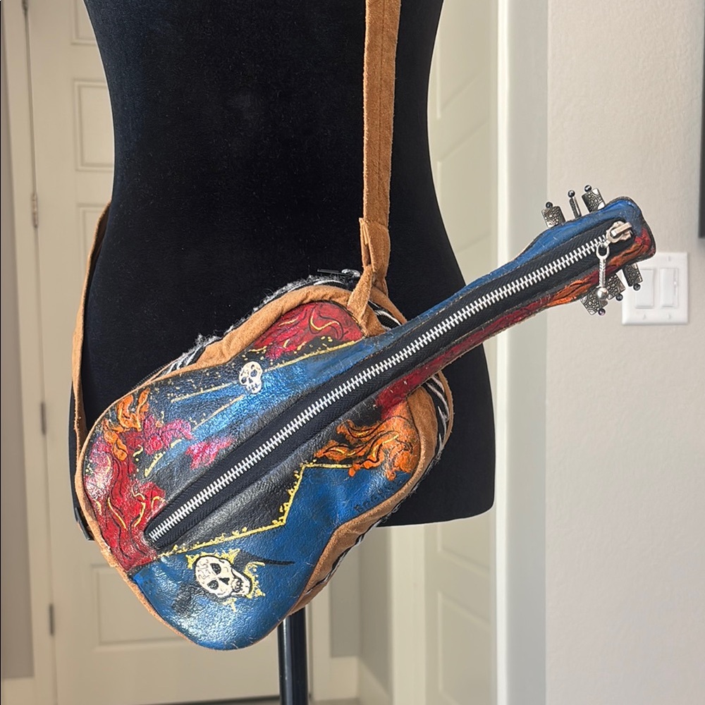 Unique Vintage Hand Painted Guitar-Shaped Crossbody Bag